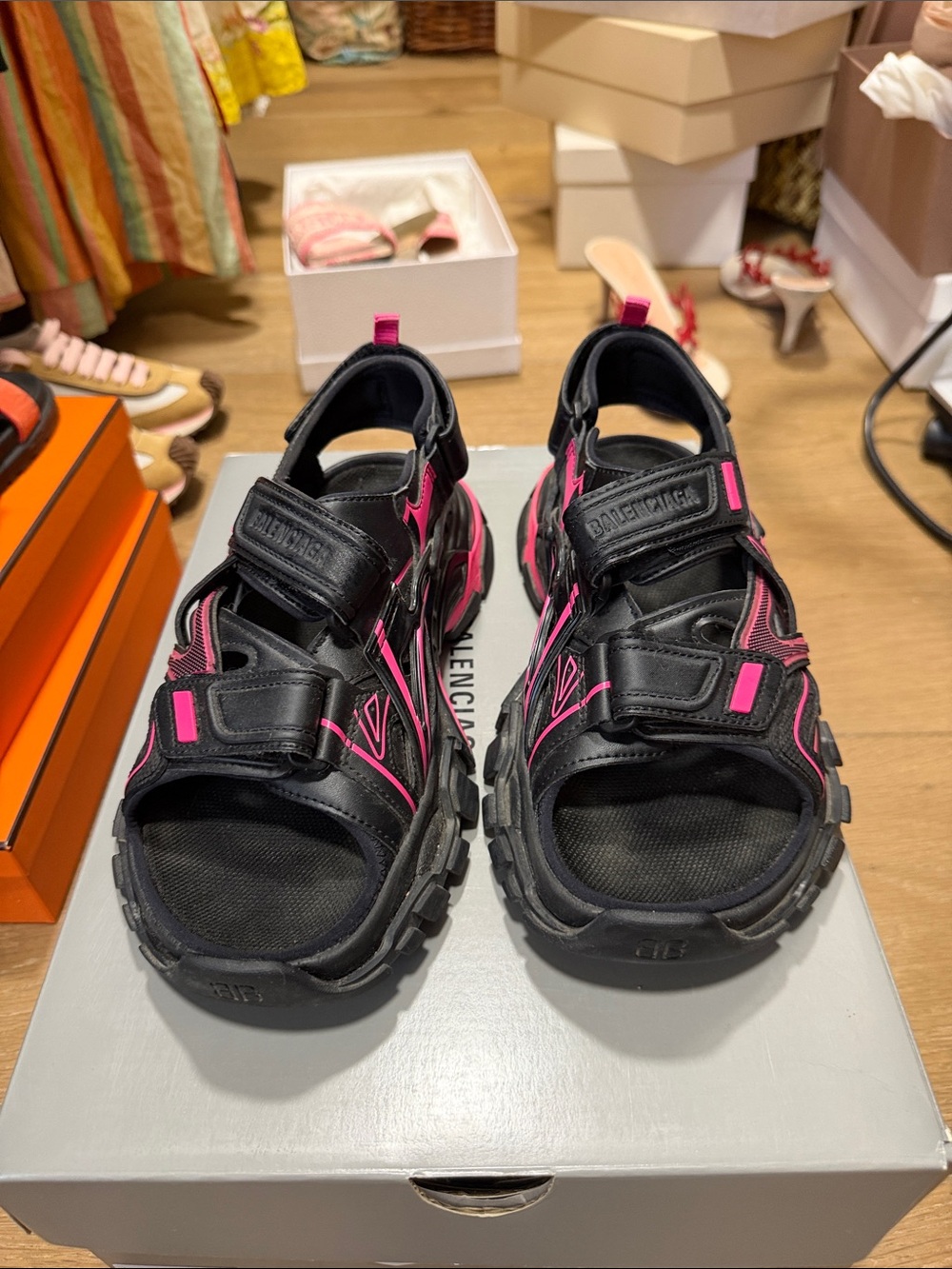Balenciaga  Black & Hot Pink Chunky Sport Sandals size 8
